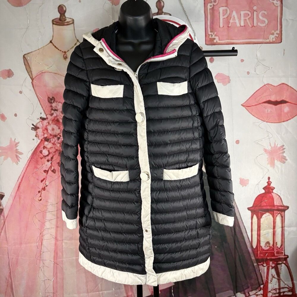 Kate Spade New York Quilted Puffer Jacket Ivory Black Trim Pearl Buttons XSMALL - Picture 2 of 14